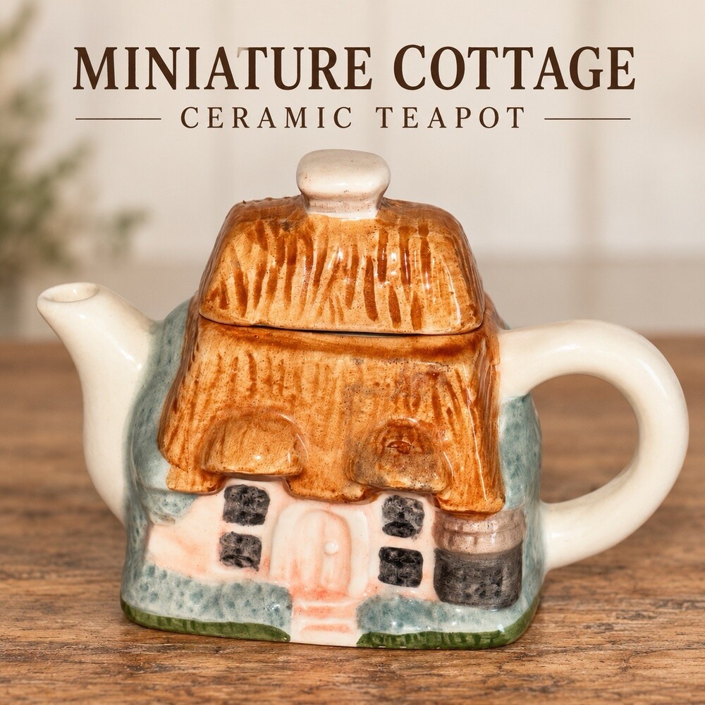 Miniature Cottage House Teapot Ceramic Thatched Roof Pink Door Green Decor Lid